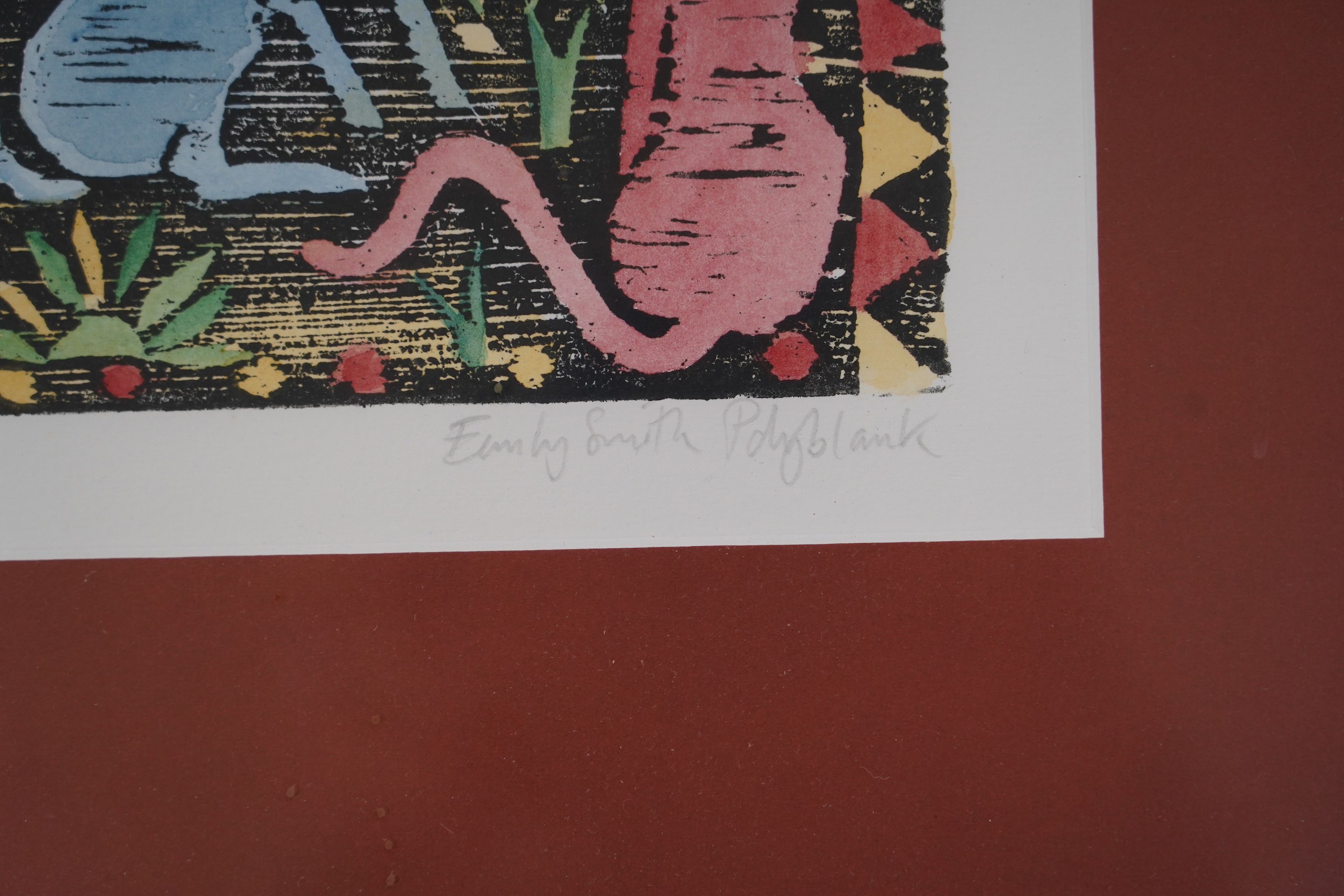 Emily Smith Polyblank, linocut, 'It's an animals life', signed in pencil, limited edition 39/100, 26 x 70cm